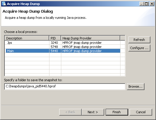 The "Acquire Dialog" provides the possibility to select the Java process to be dumped, as well as to configure some parameters needed to execute this operation.