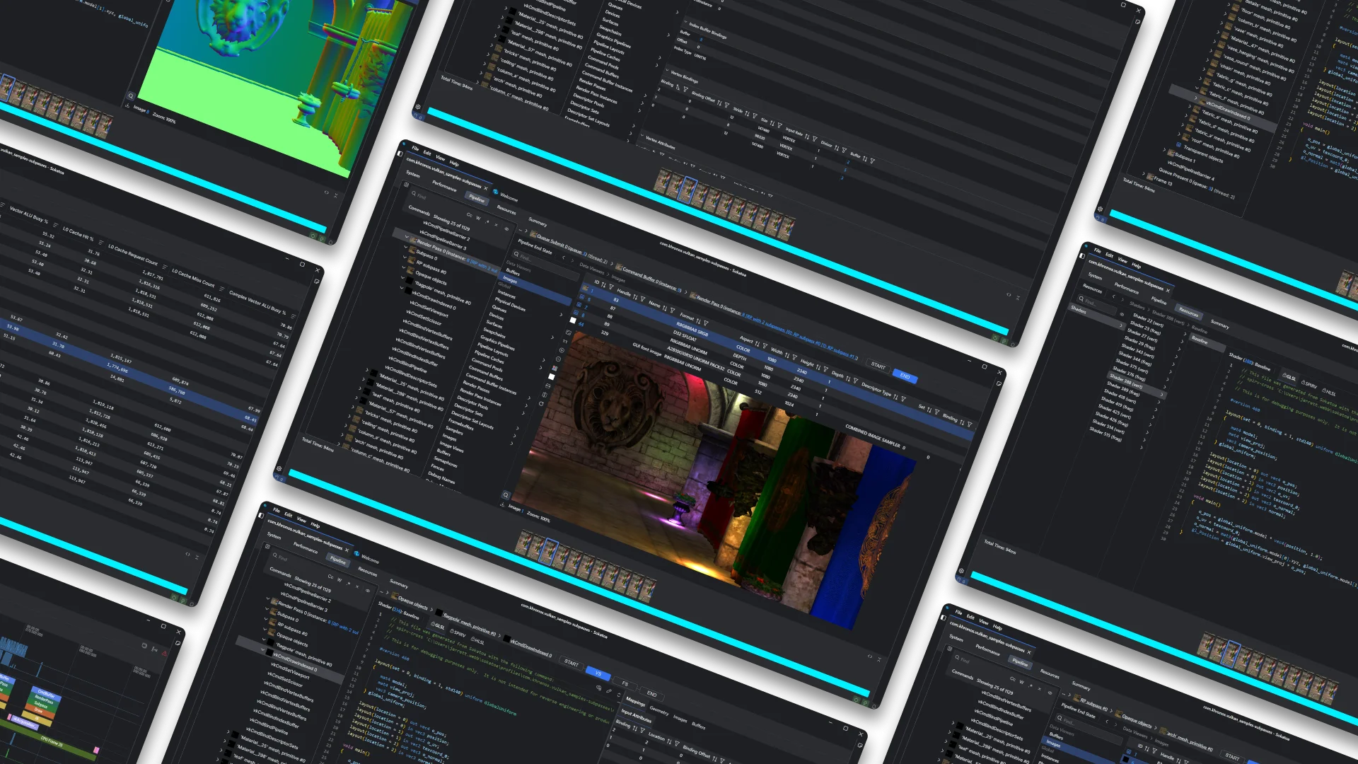 Various views of Sokatoa showing system profiling data, shader editor, and pipeline debugging