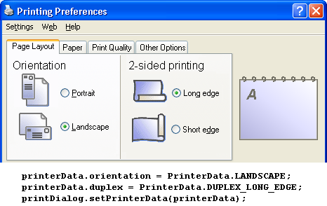 PrintDialog showing double-sided landscape printing that can be bound on the long edge