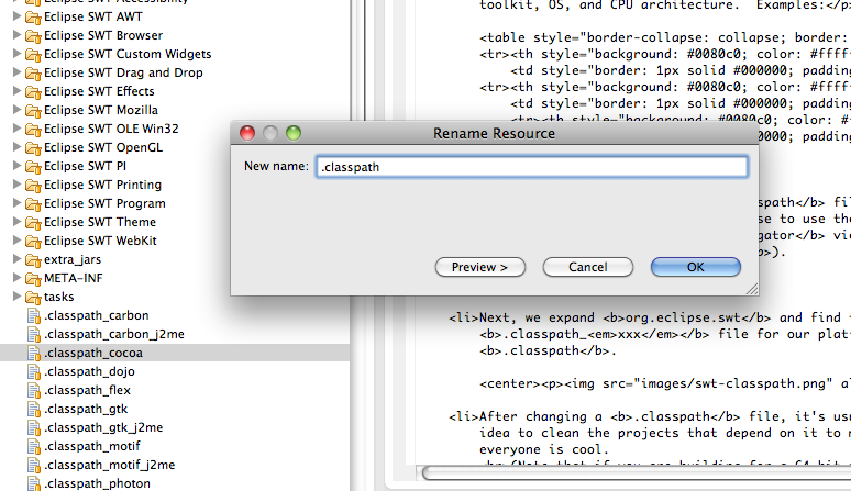 Name Conflict dialog with .classpath in the New Name field