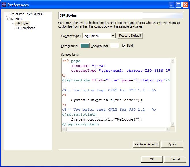 JSP Style preference page; the Java source is not itself highlighted in this preference page