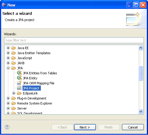The Select a Wizard dialog with JPA project selected.