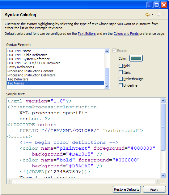 Syntax Coloring preference page for XML
