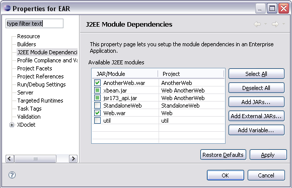  Module Dependencies property page on an EAR project 