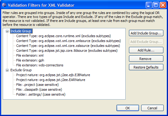 Validation filters dialog