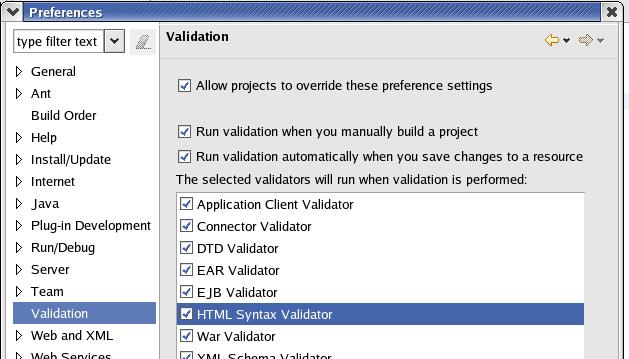 HTML Syntax batch Validator shown in preferences