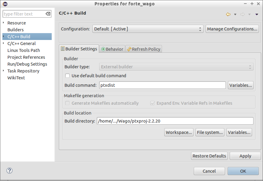 configure Eclipse with ptxdist