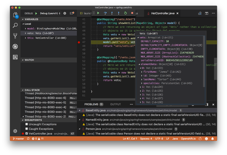 VS Code Java debugger in action