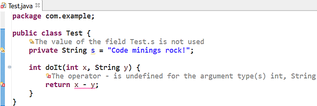 Java editor showing a warning and an error inline