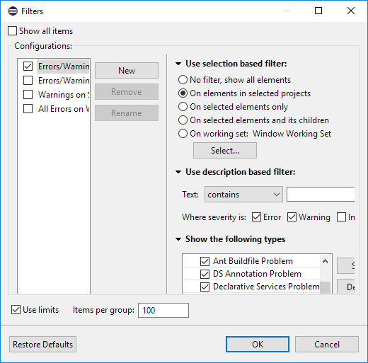 New dialog in Problems view