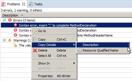 problems and tasks copy details submenu
