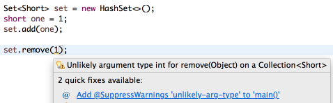 Warning on last line: Unlikely argument type int for remove(Object) on a Collection<Short>