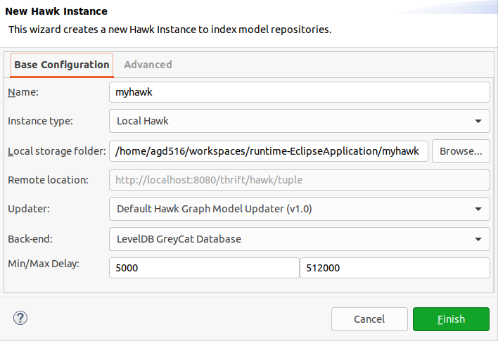 New Hawk index creation dialog - Base Configuration tab