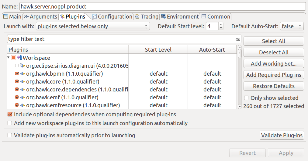 Plugins section in launch configuration