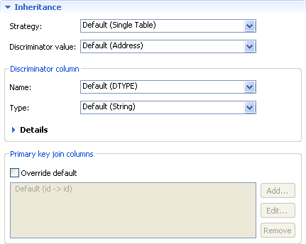Selecting the Inheritance area on the JPA Details view.