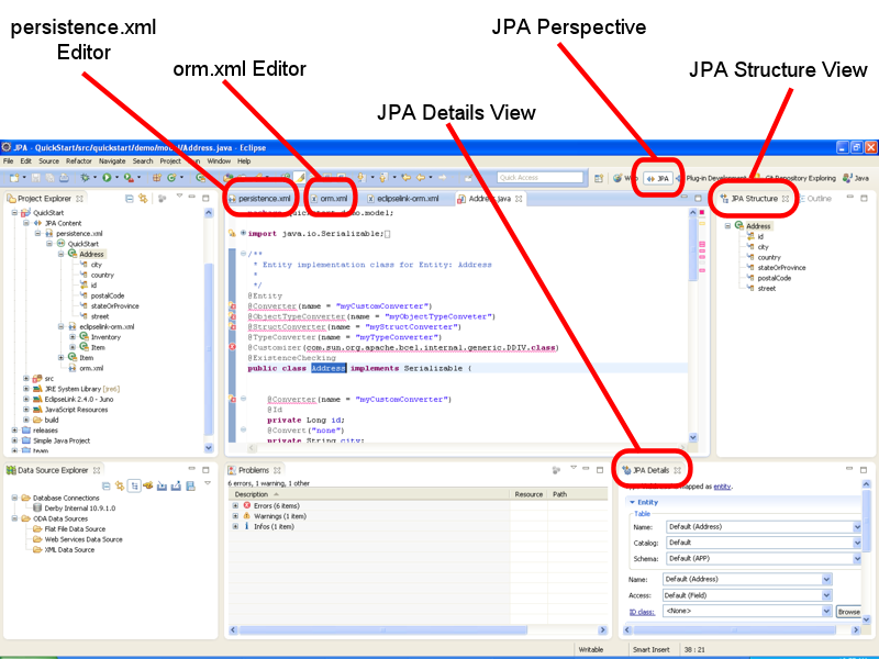 JPA Development perspective with the JPA Structure and JPA Details views.