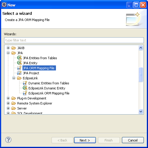 The Select a Wizard dialog with Mapping file selected.