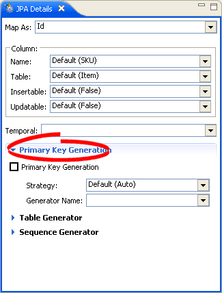 PK Generation tab of the Persistence Properties page.
